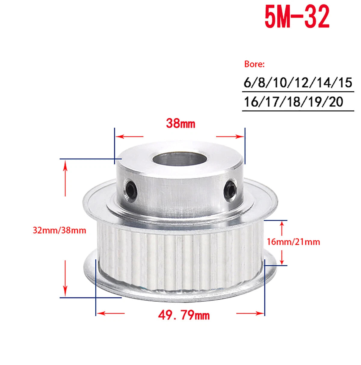 14 - 60 Teeth HTD-5M Timing Belt Pulley Bore 5mm-25mm for Reprap 3D Printer CNC