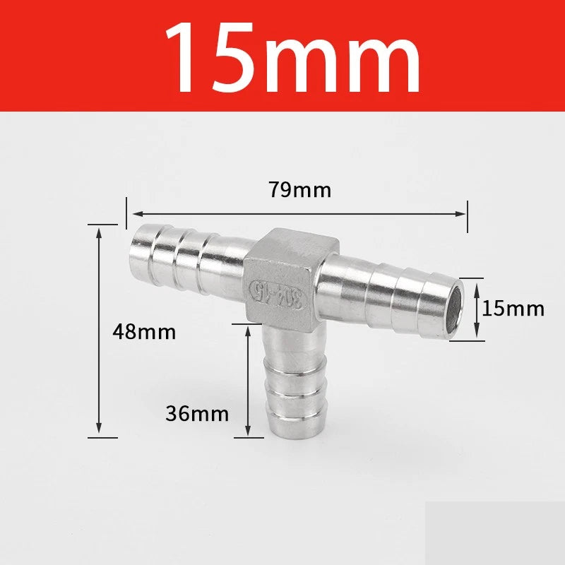 Stainless Steel 3-Way Hose Barbed Connector — T Piece & Y Piece, 8mm–32mm