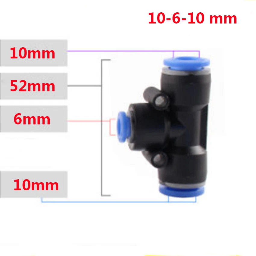 Reducer Tee Push-In Fittings for Pneumatic Air Tube — 4 to 16mm