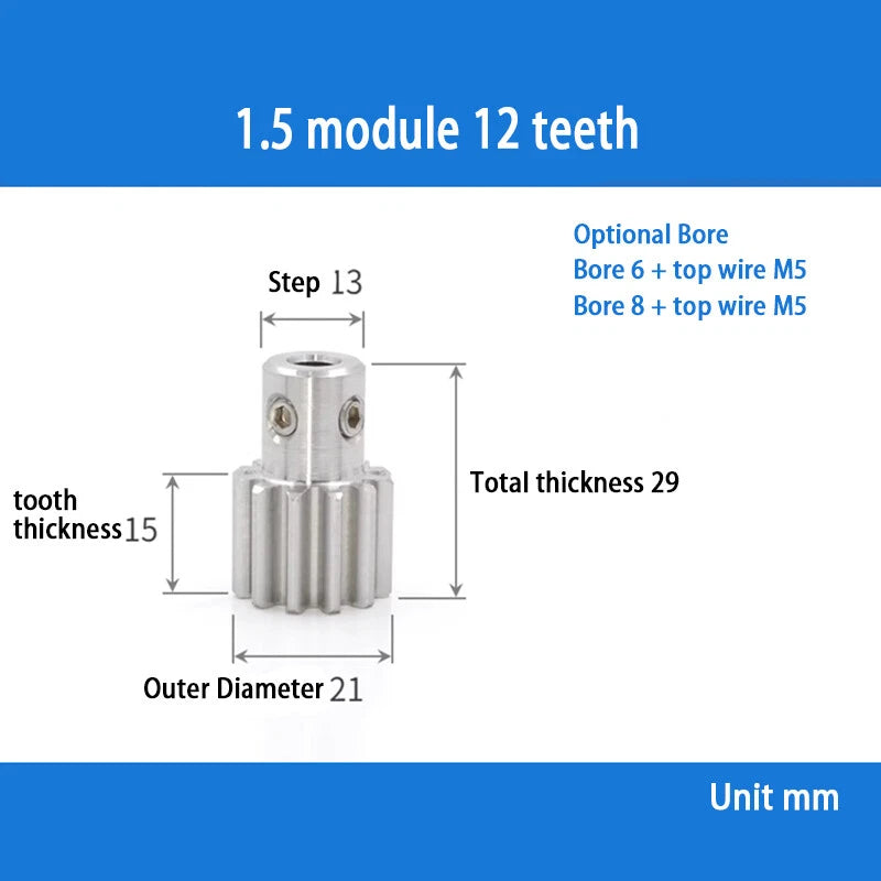 Module 1.5 Spur Gear A2 Steel 12-32 Tooth with Hub Pinion Motor Gear Bore 6-20mm