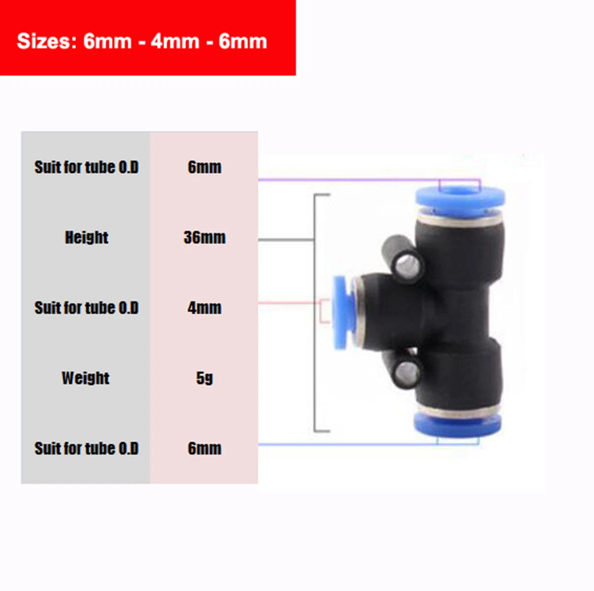 Nylon Pneumatic Reducer Tee 3-Way Connector Hose Tube Inline Push-In Fittings