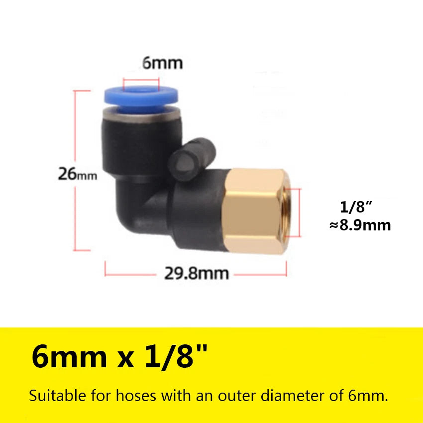 90° Elbow Push-to-Connect Pneumatic Fitting — 4mm to 12mm Hose OD, Female Thread