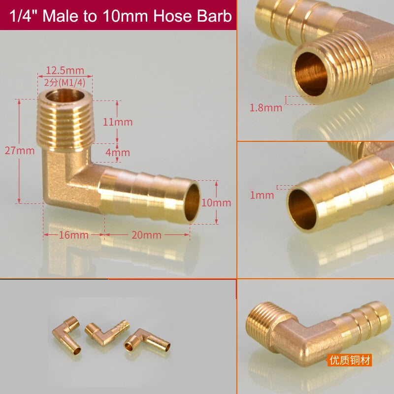 Brass Hose Barb Elbow Fittings — Male BSP to Metric Barb, 1/8" to 3/4" BSP