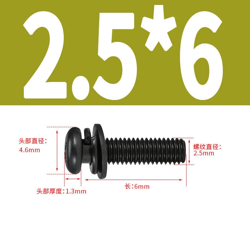 Black Zinc Pan Head Machine Screws with Washers, M2–M6 Pozi Phillips Drive