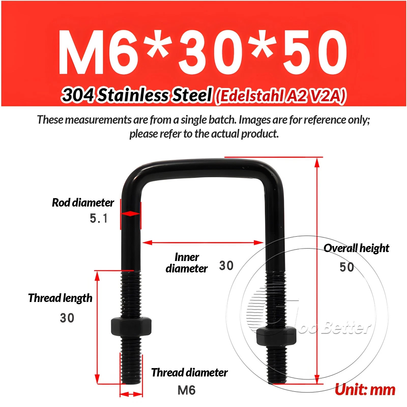 M6 M8 M10 Square U-Bolts Black 304 Stainless Steel with Nuts For Boat Trailer