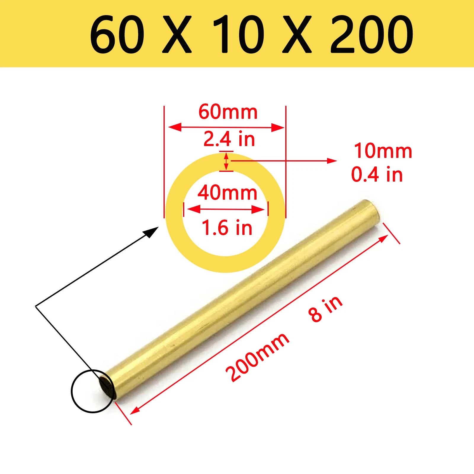 Brass Round Tube Pipe — OD 2mm to 80mm, Wall 0.5mm to 15mm, 200mm Length