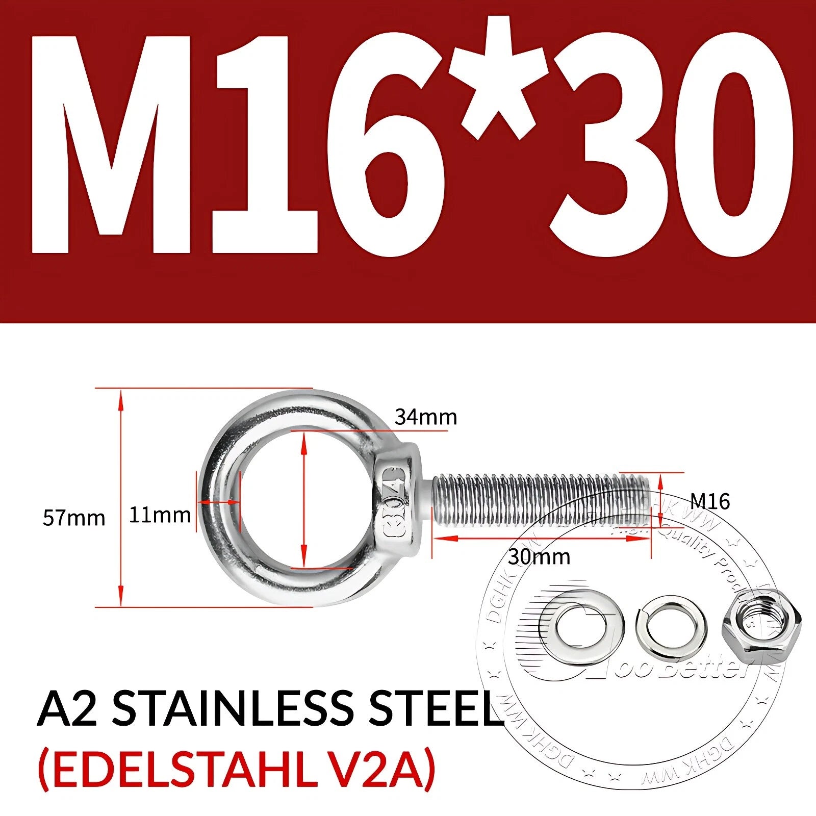 LIFTING EYE BOLTS NUTS & WASHERS A2 STAINLESS STEEL M3 M4 M5 M6 M8 M10 M12 - M30