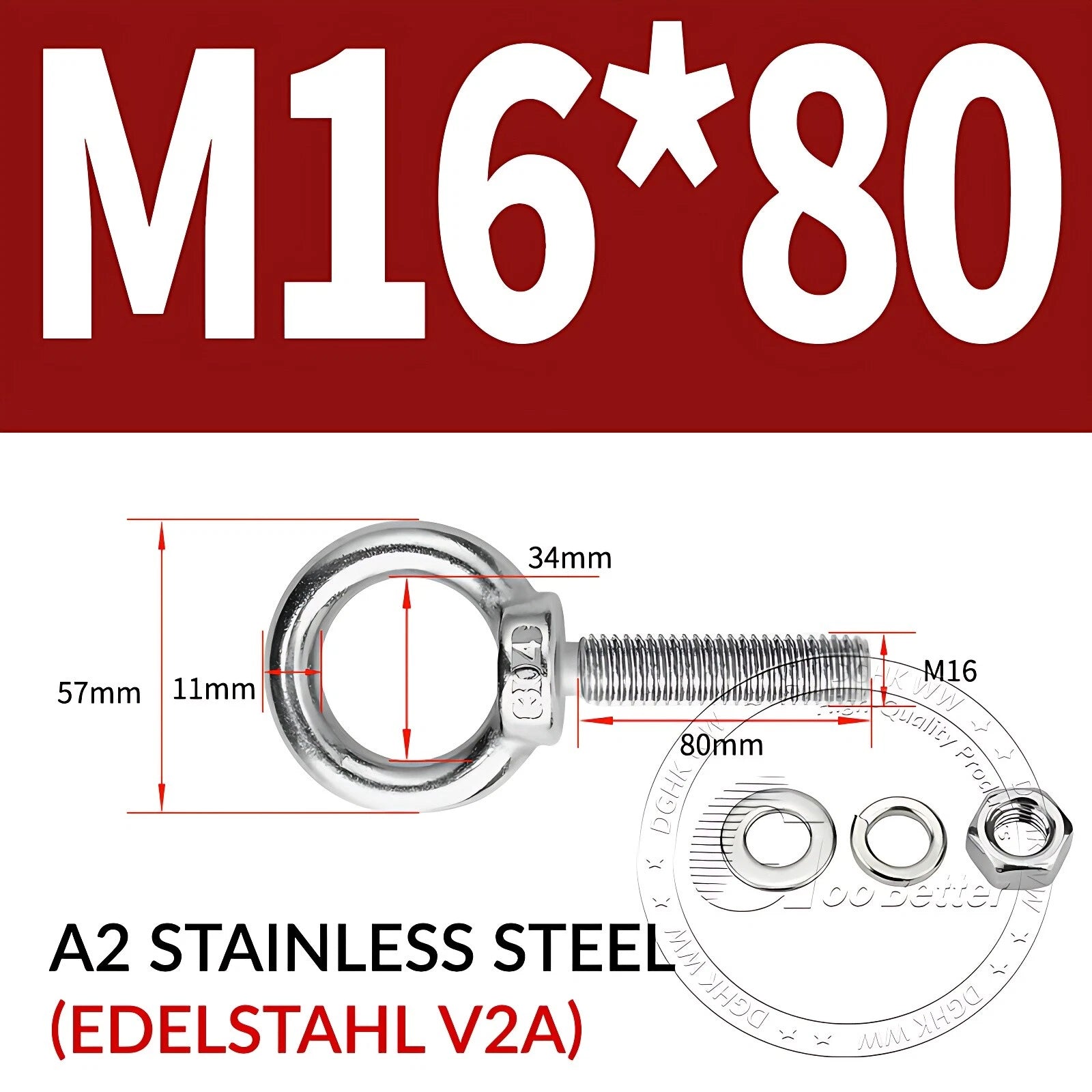 LIFTING EYE BOLTS NUTS & WASHERS A2 STAINLESS STEEL M3 M4 M5 M6 M8 M10 M12 - M30