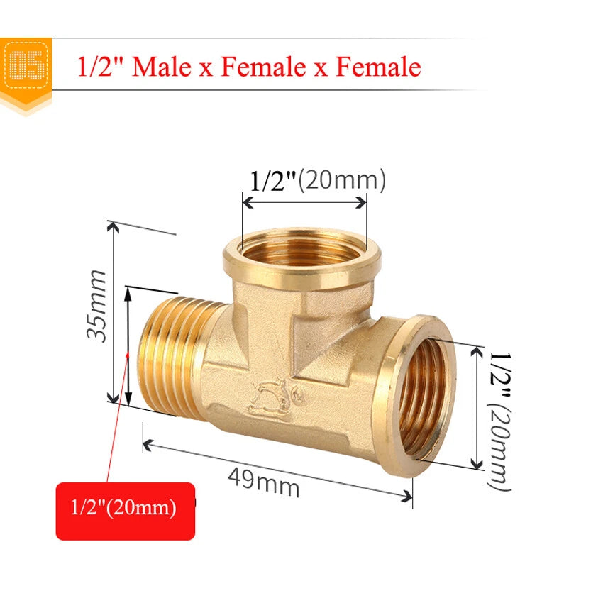 Brass BSP Tee Pipe Fitting — 1/2" to 1" Male & Female Thread T-Connector Adapter