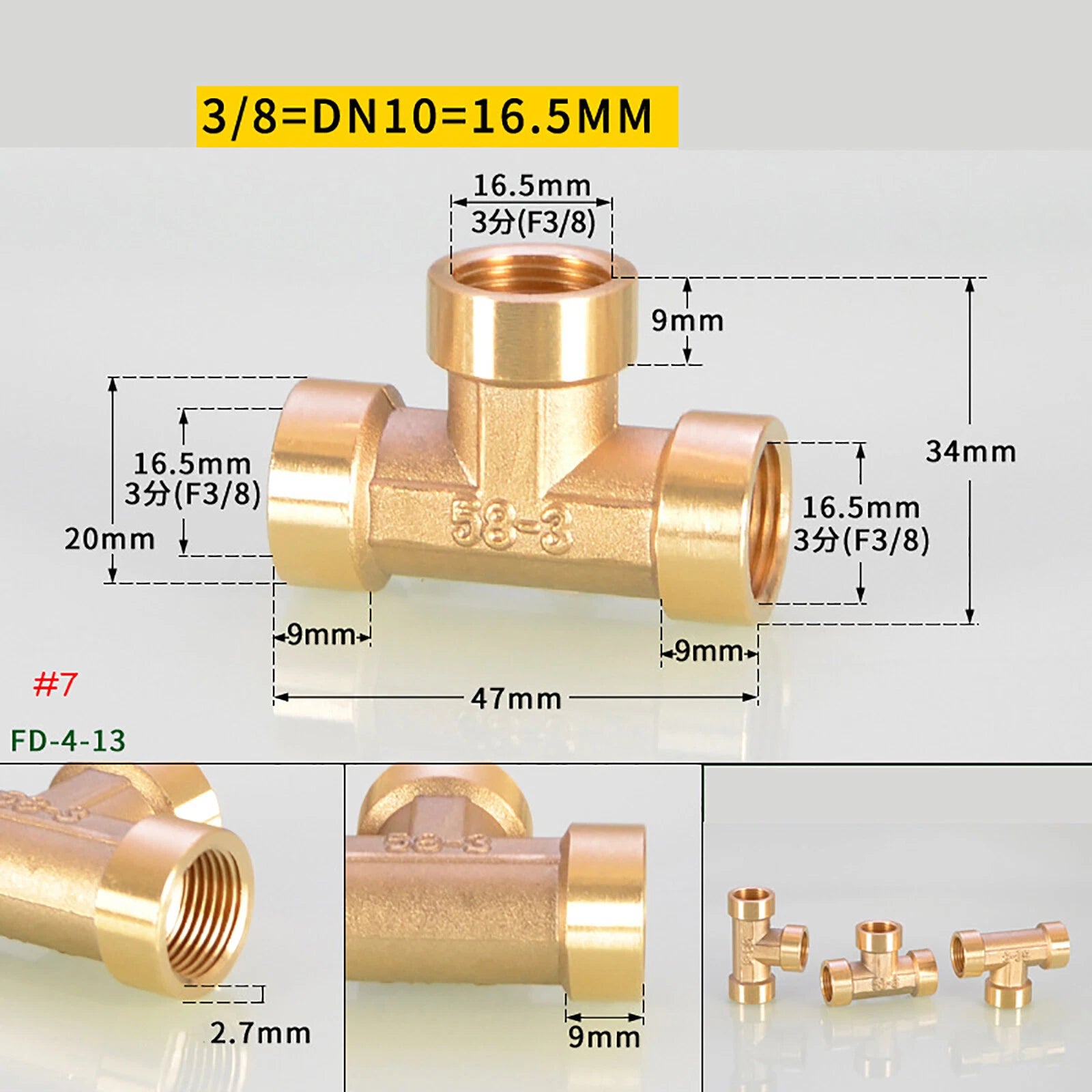 BSP Brass Tee Pipe Fittings — Male & Female Thread Combinations, 1/8" to 3/8"