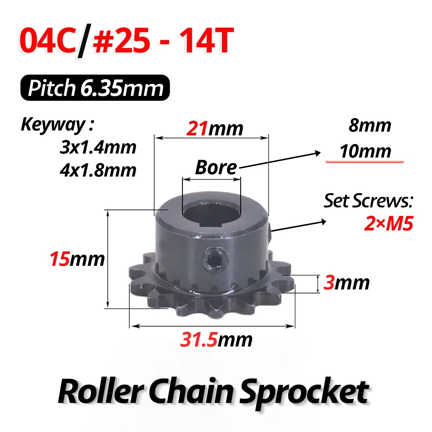 #25 Roller Chain Sprocket With Keyway 04C 13T-40T Tooth Bore 8-30mm Pitch 6.35mm