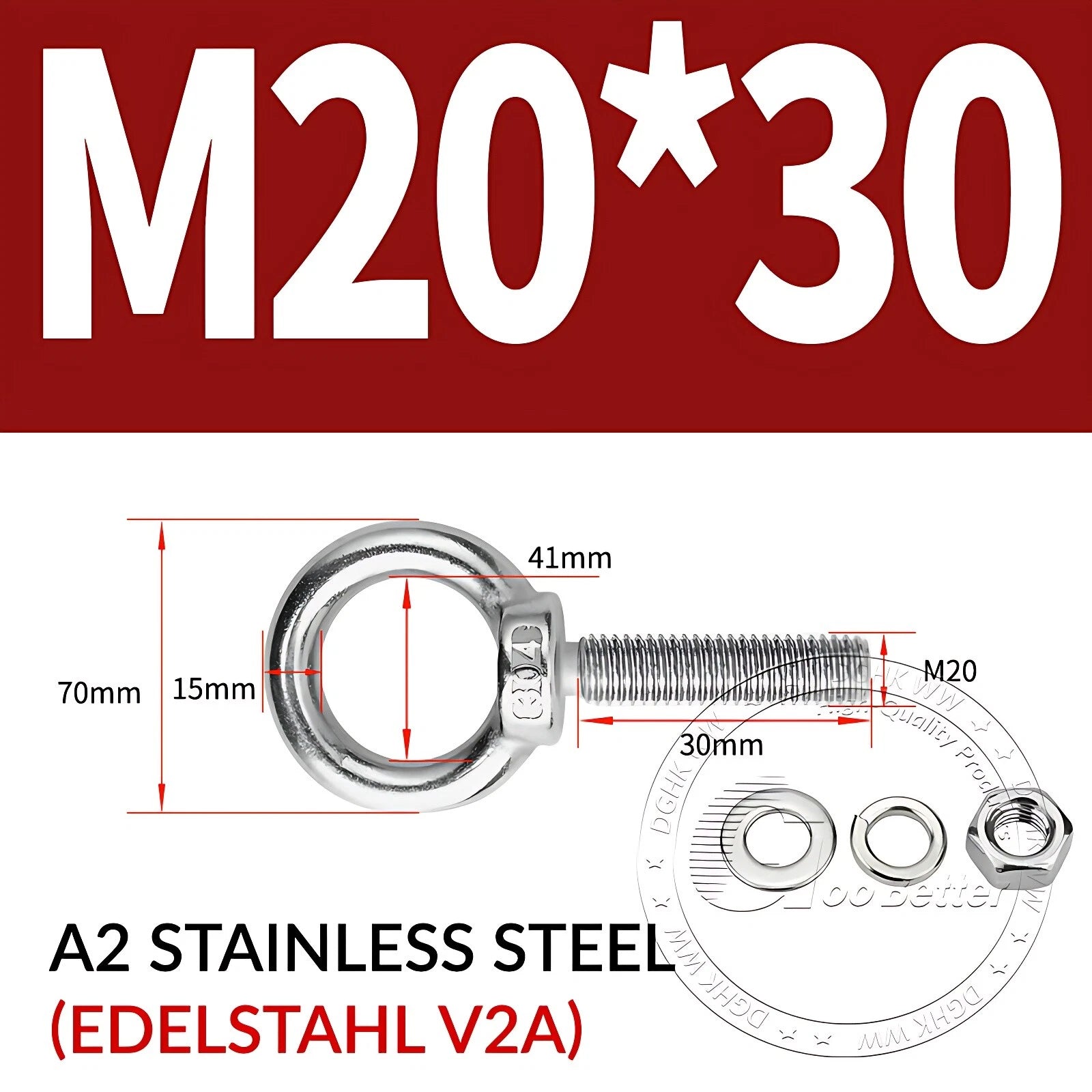 LIFTING EYE BOLTS NUTS & WASHERS A2 STAINLESS STEEL M3 M4 M5 M6 M8 M10 M12 - M30