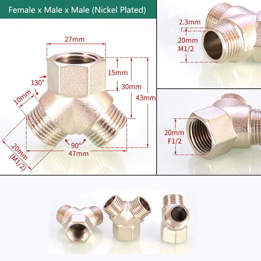 Brass BSP 1/2" Y-Type 3-Way Pipe Fitting — Female & Male Thread Connector Adapter