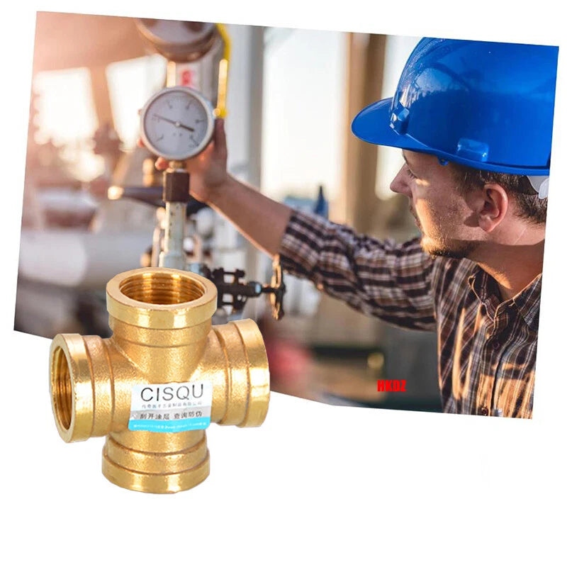 Brass 4-Way Cross Pipe Fitting — 1/2" & 3/4" Male or Female Thread, Water Air Gas