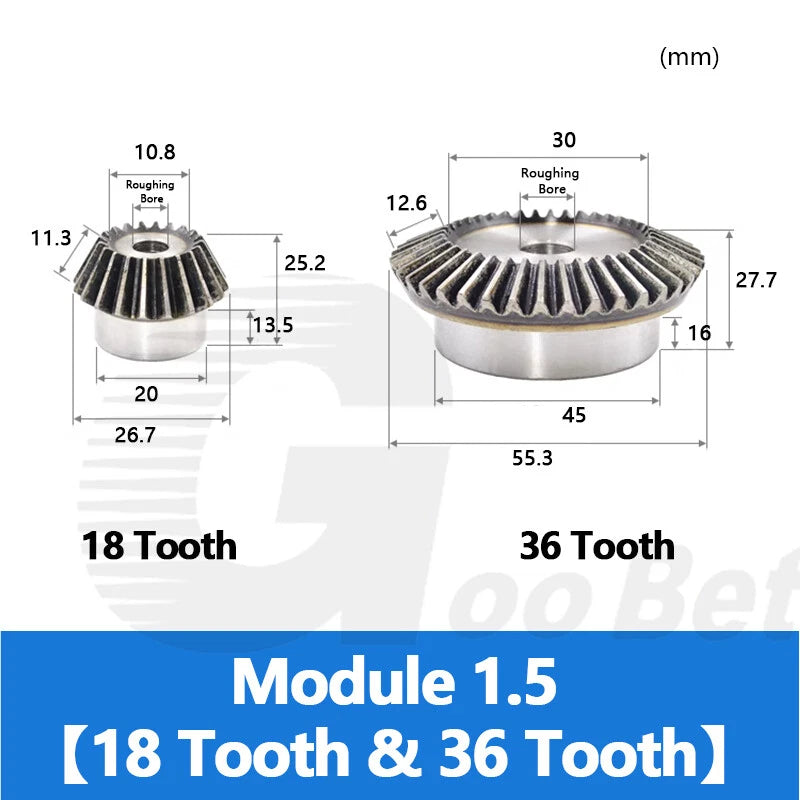 Bevel Gear Set Mod 1.5 2 2.5 3 Steel 1:2 Pairing 15/30 16/32 18/36 20/40 Tooth