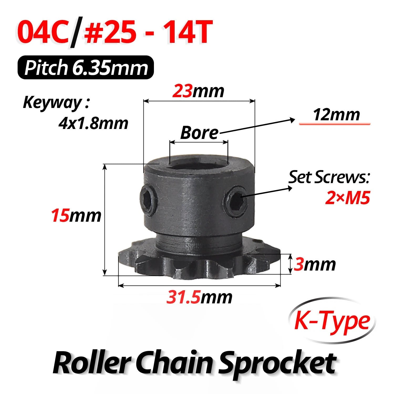 #25 Roller Chain Sprocket With Keyway 04C 13T-40T Tooth Bore 8-30mm Pitch 6.35mm