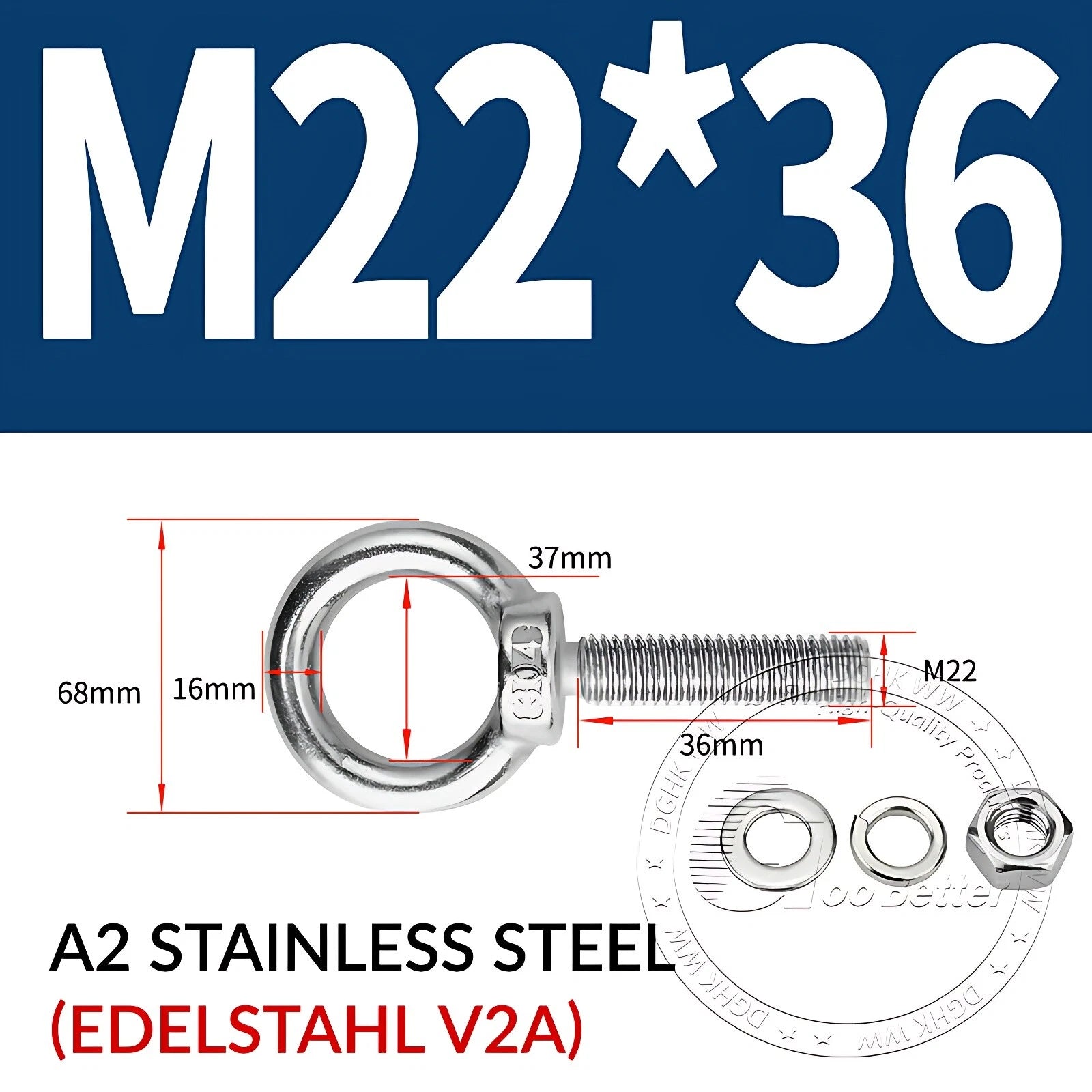 LIFTING EYE BOLTS NUTS & WASHERS A2 STAINLESS STEEL M3 M4 M5 M6 M8 M10 M12 - M30