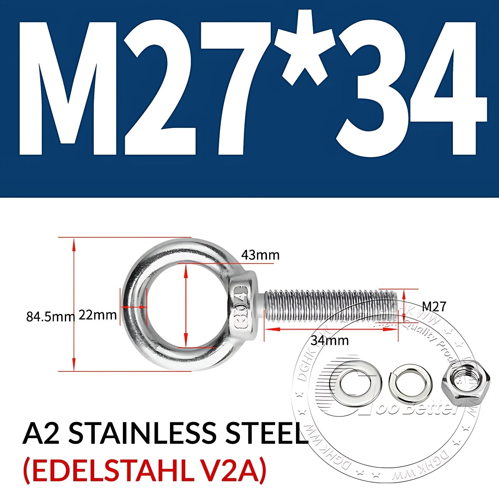LIFTING EYE BOLTS NUTS & WASHERS A2 STAINLESS STEEL M3 M4 M5 M6 M8 M10 M12 - M30