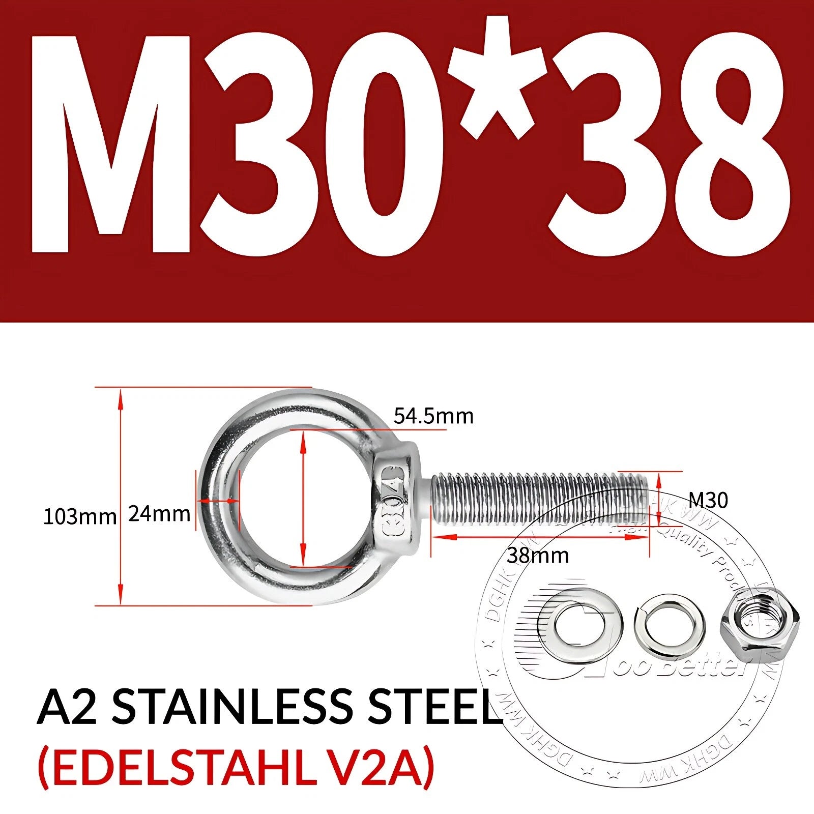 LIFTING EYE BOLTS NUTS & WASHERS A2 STAINLESS STEEL M3 M4 M5 M6 M8 M10 M12 - M30