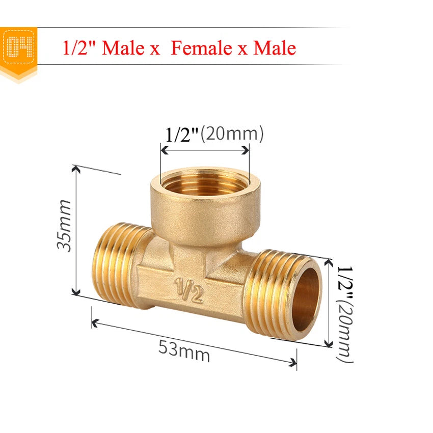 Brass BSP Tee Pipe Fitting — 1/2" to 1" Male & Female Thread T-Connector Adapter