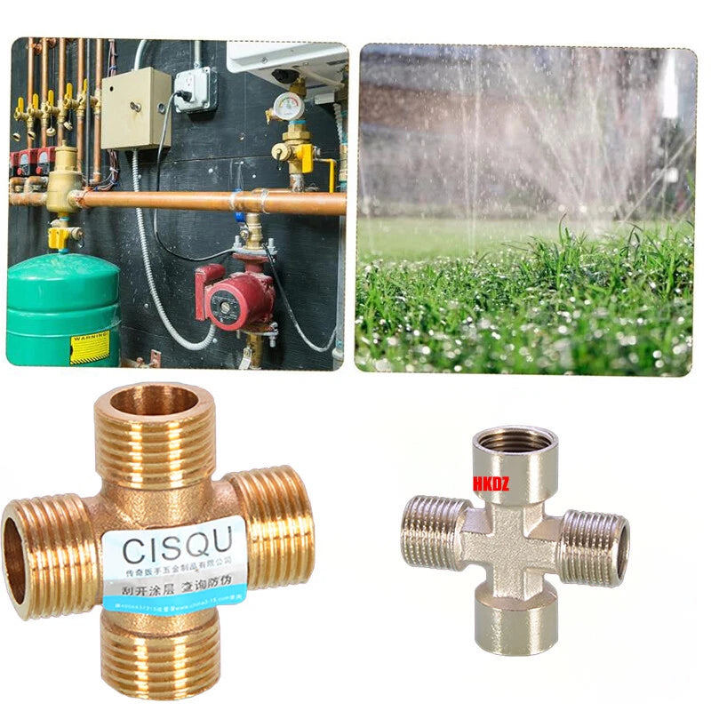 Brass 4-Way Cross Pipe Fitting — 1/2" & 3/4" Male or Female Thread, Water Air Gas