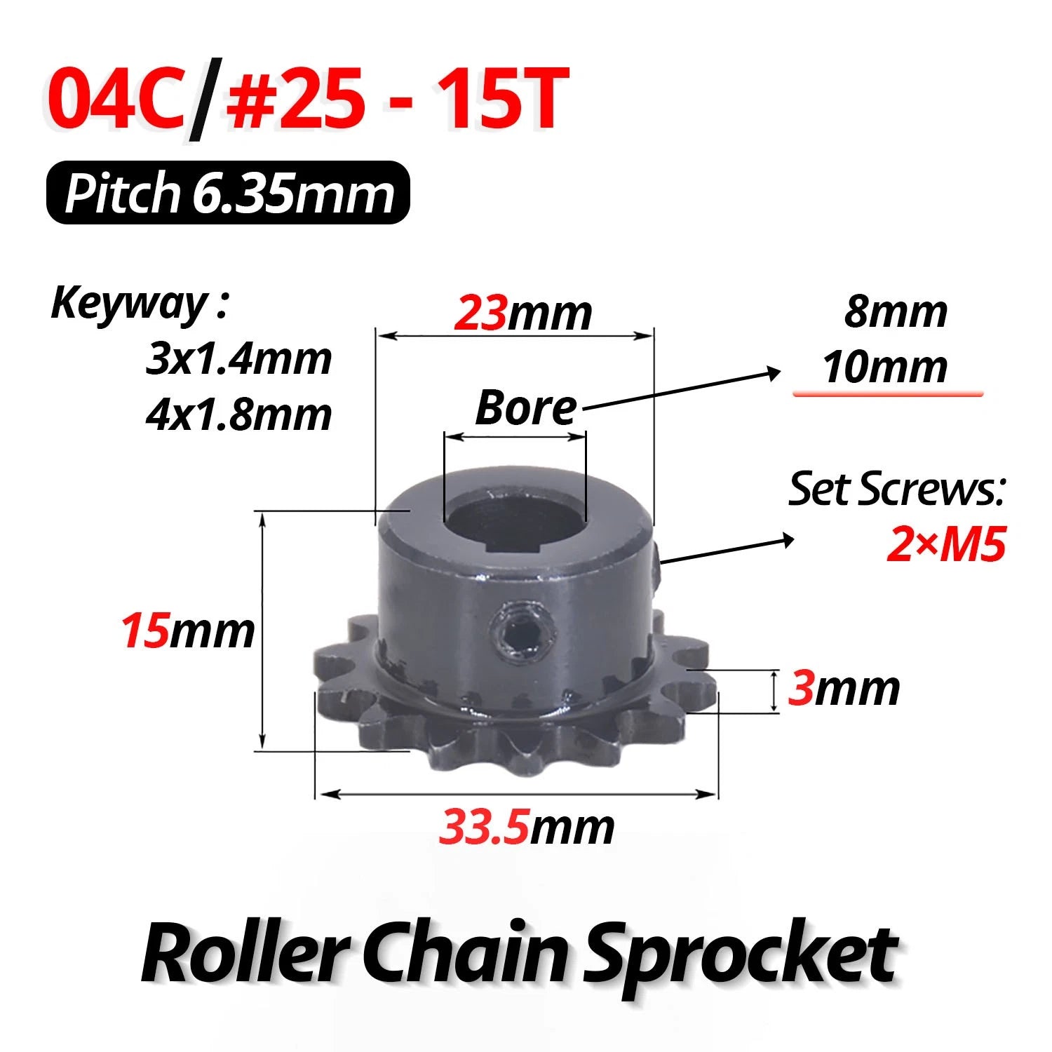 #25 Roller Chain Sprocket With Keyway 04C 13T-40T Tooth Bore 8-30mm Pitch 6.35mm