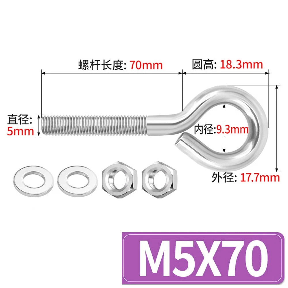 Galvanised Stainless Eye Screws Hooks Eye Bolts Closed Screws Threaded Rings Set