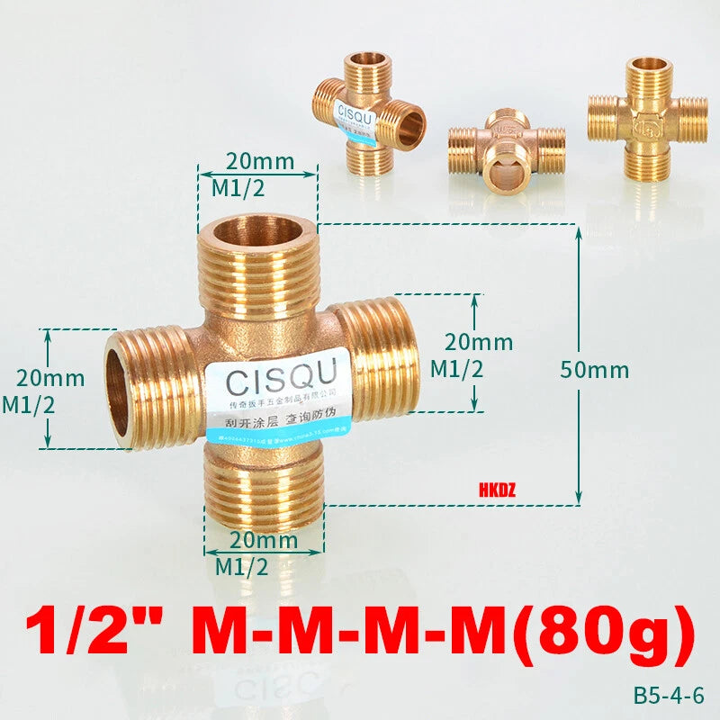 Brass 4-Way Cross Pipe Fitting — 1/2" & 3/4" Male or Female Thread, Water Air Gas