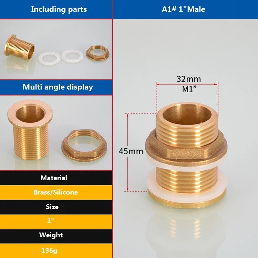 Brass Threaded Water Tank Connector — Male/Female NPT Pipe Fitting for Water Tower & Storage Tank