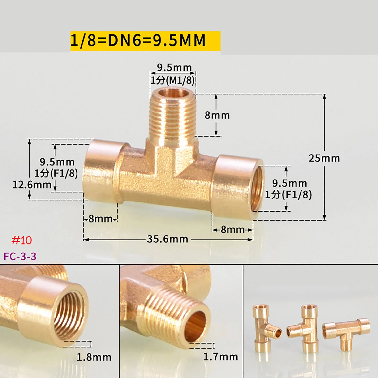 BSP Brass Tee Pipe Fittings — Male & Female Thread Combinations, 1/8" to 3/8"