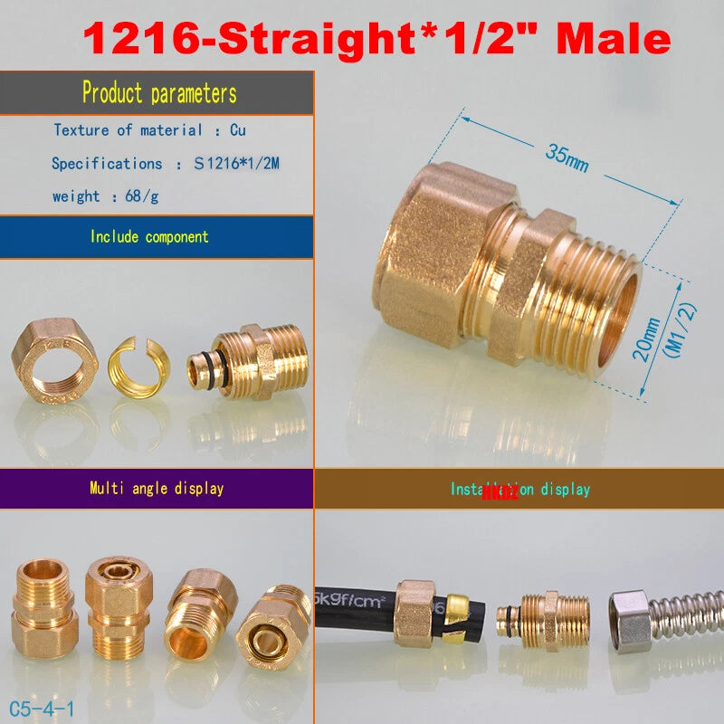 Push-Fit Tube Fittings for 12mm & 16mm Pipe — Straight, Elbow, Tee, Ball Valve, 1/2" & 3/4" NPT