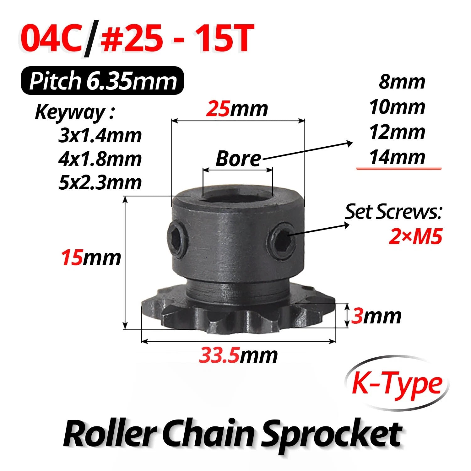 #25 Roller Chain Sprocket With Keyway 04C 13T-40T Tooth Bore 8-30mm Pitch 6.35mm