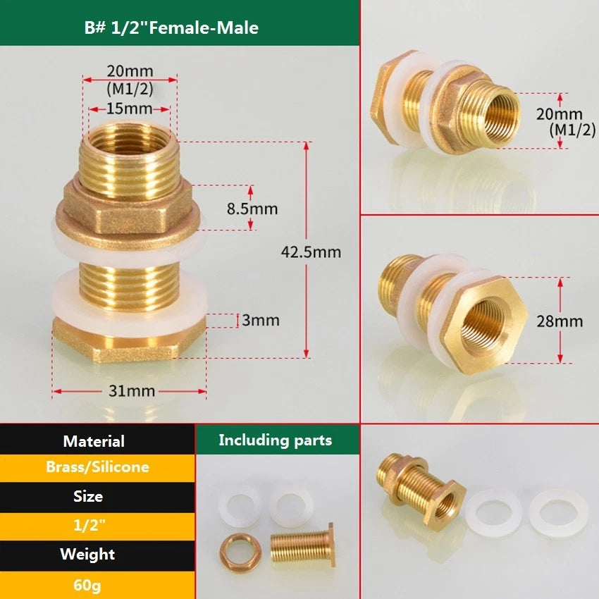 Brass Threaded Water Tank Connector — Male/Female NPT Pipe Fitting for Water Tower & Storage Tank