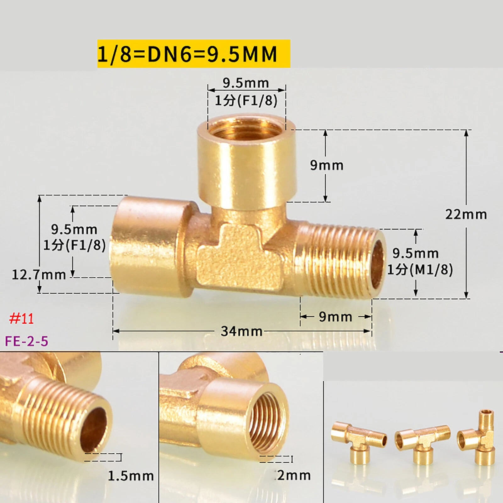 BSP Brass Tee Pipe Fittings — Male & Female Thread Combinations, 1/8" to 3/8"