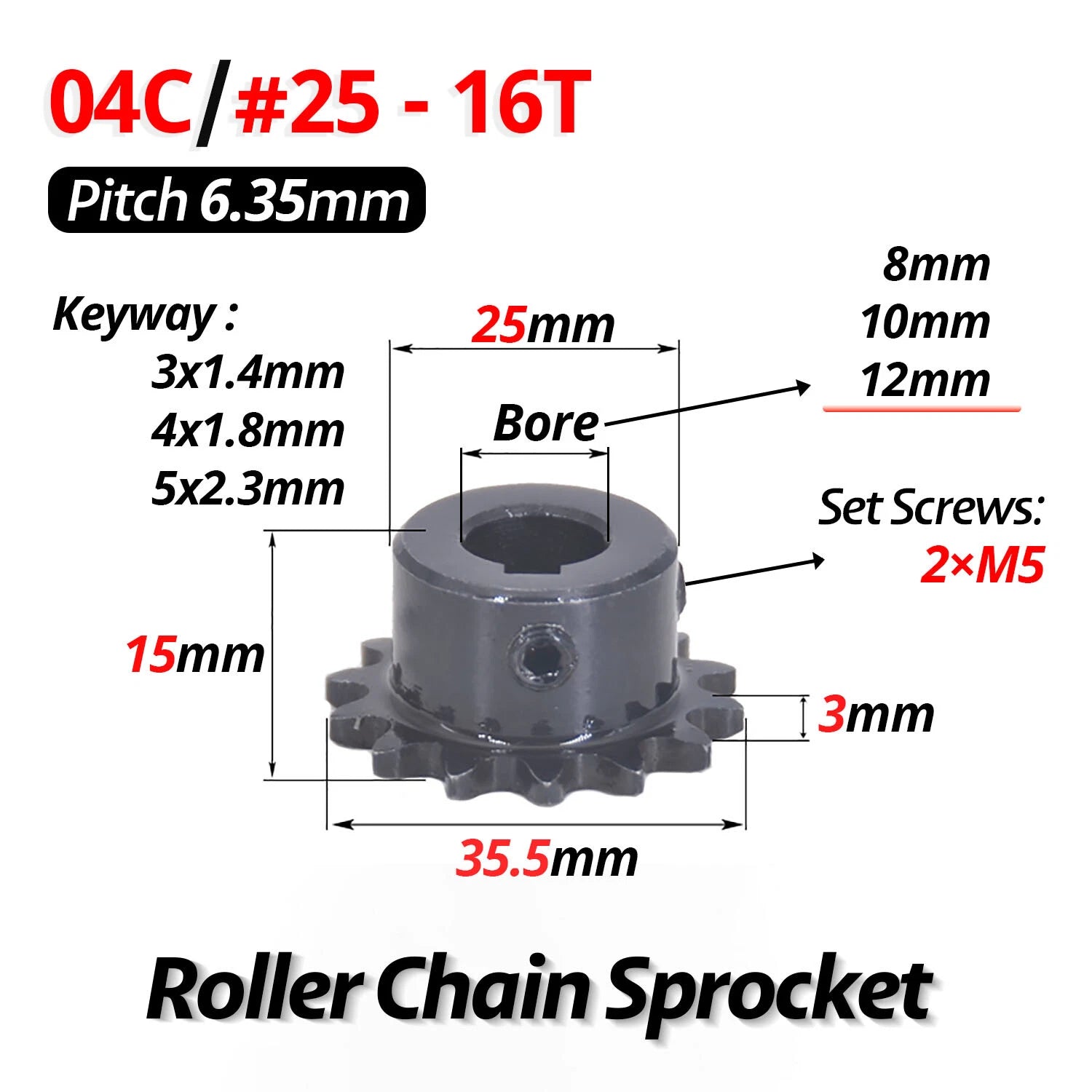 #25 Roller Chain Sprocket With Keyway 04C 13T-40T Tooth Bore 8-30mm Pitch 6.35mm