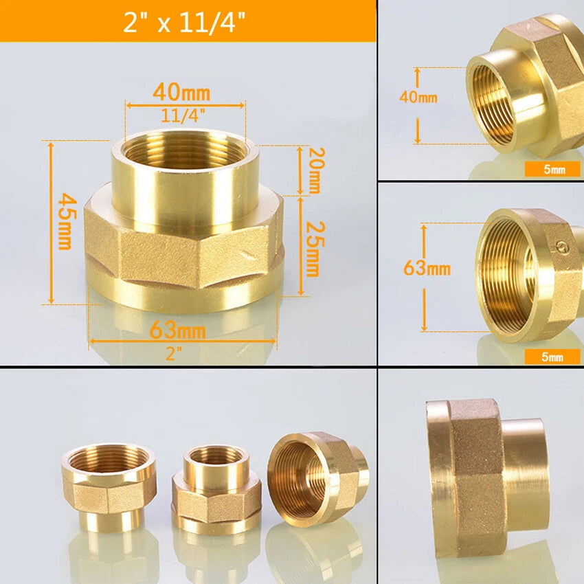 Brass BSP Female Thread Reducing Pipe Adapter Connector — 1-1/4" to 2"