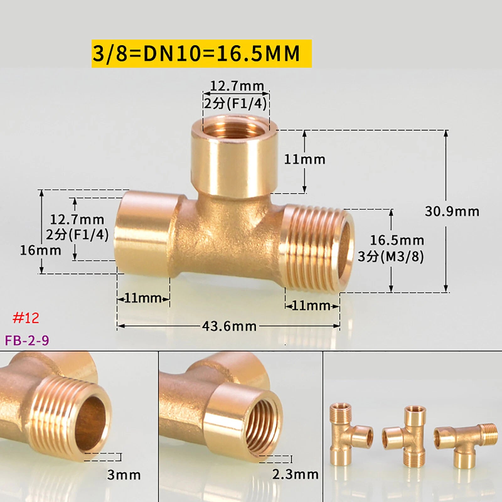 BSP Brass Tee Pipe Fittings — Male & Female Thread Combinations, 1/8" to 3/8"