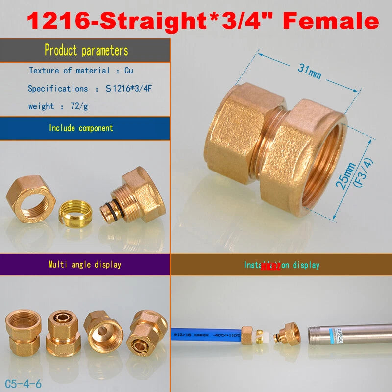 Push-Fit Tube Fittings for 12mm & 16mm Pipe — Straight, Elbow, Tee, Ball Valve, 1/2" & 3/4" NPT