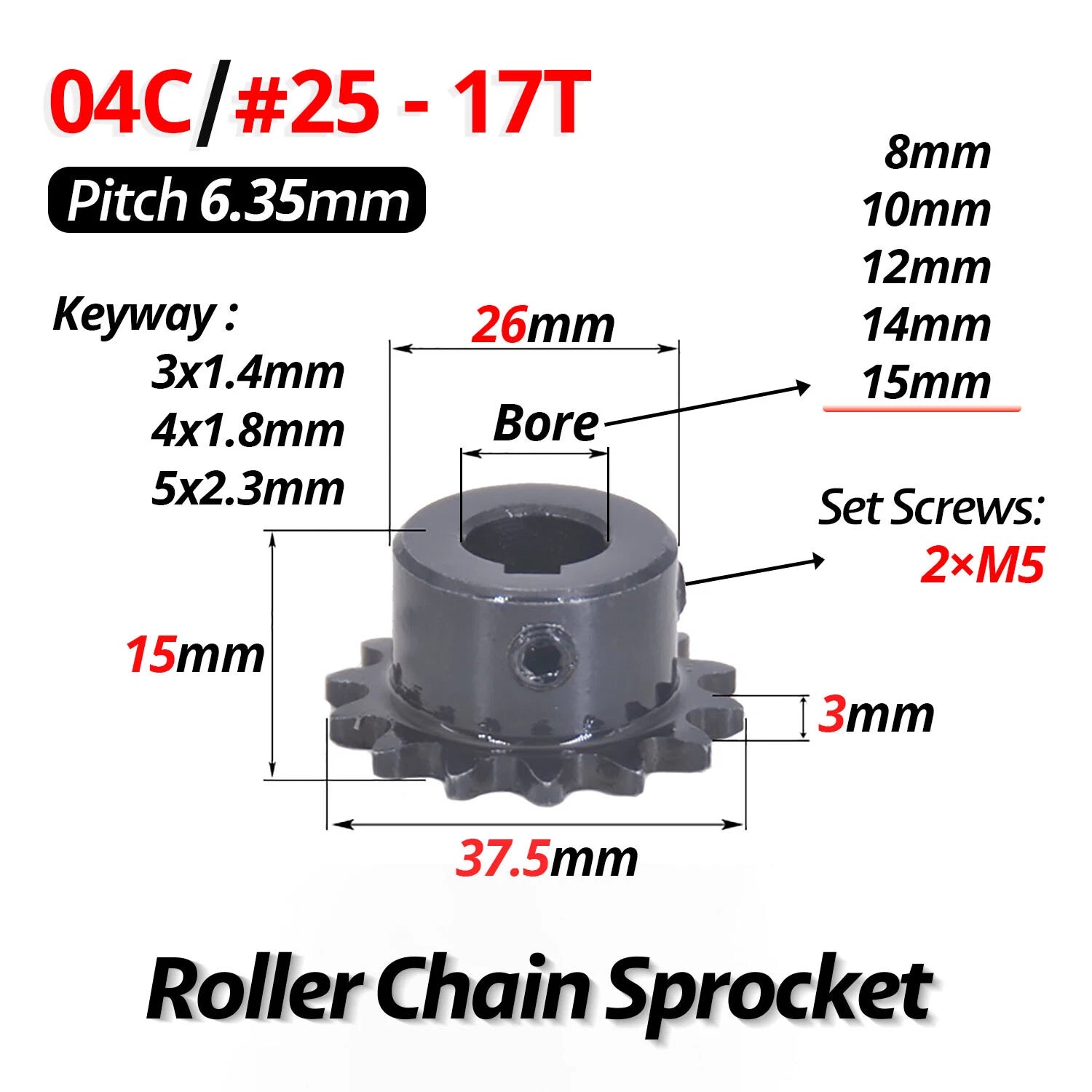 #25 Roller Chain Sprocket With Keyway 04C 13T-40T Tooth Bore 8-30mm Pitch 6.35mm