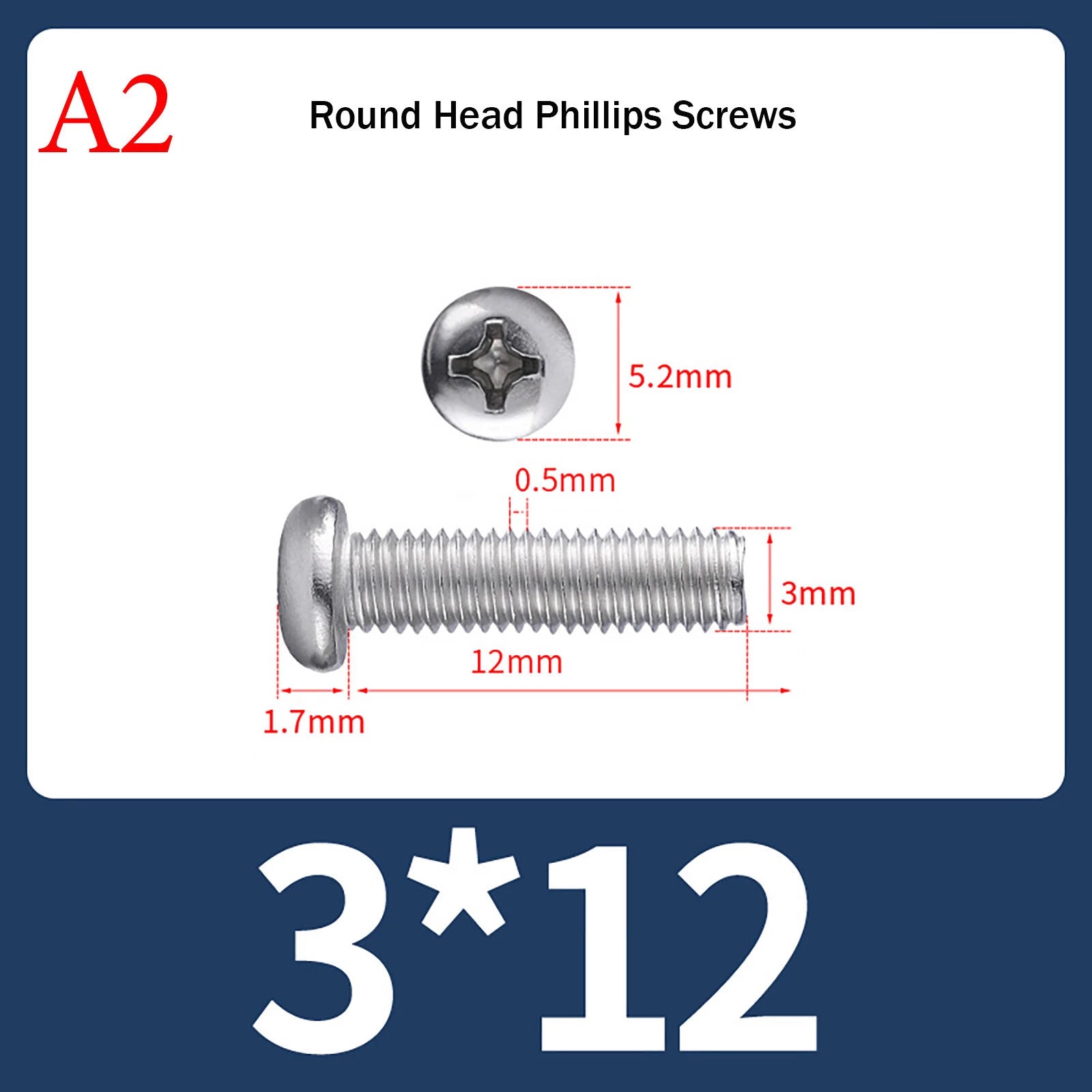 M3 Phillips Pan Head Machine Screws – A2 Stainless Steel, M3×3mm to M3×150mm (Full Length Range)