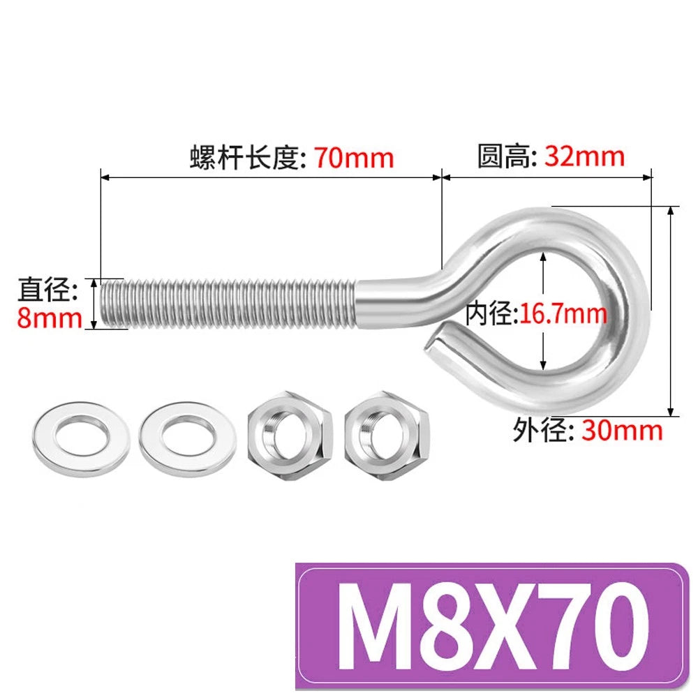 Galvanised Stainless Eye Screws Hooks Eye Bolts Closed Screws Threaded Rings Set