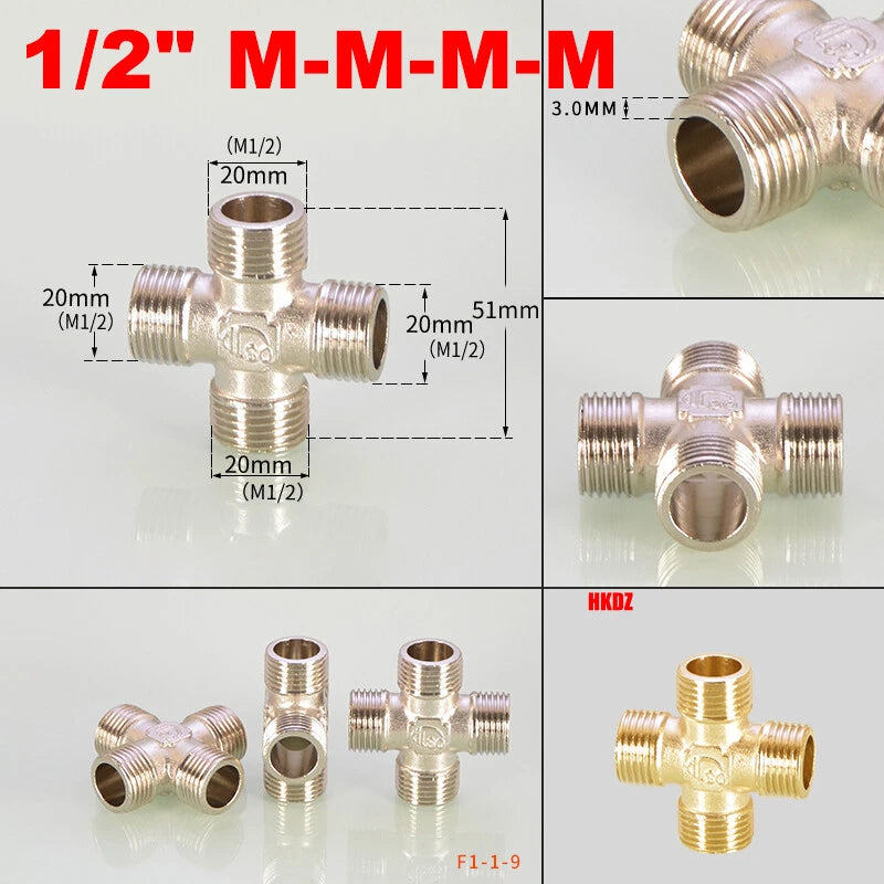 Brass 4-Way Cross Pipe Fitting — 1/2" & 3/4" Male or Female Thread, Water Air Gas