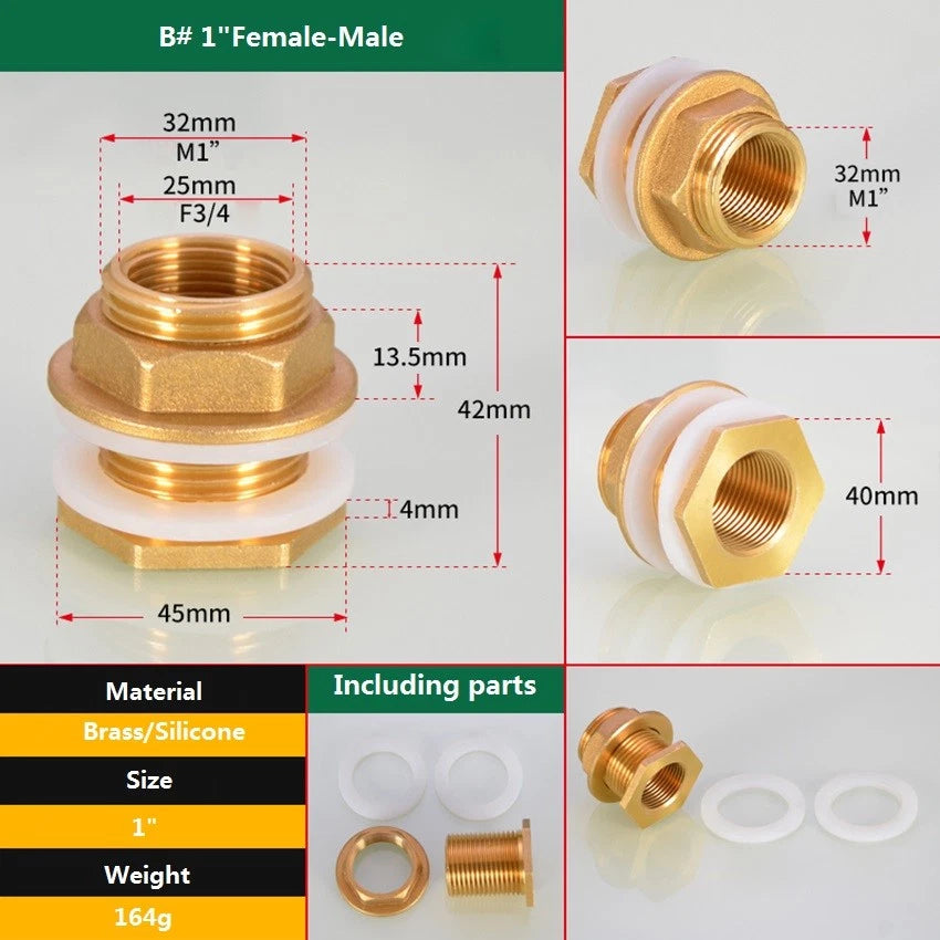 Brass Threaded Water Tank Connector — Male/Female NPT Pipe Fitting for Water Tower & Storage Tank