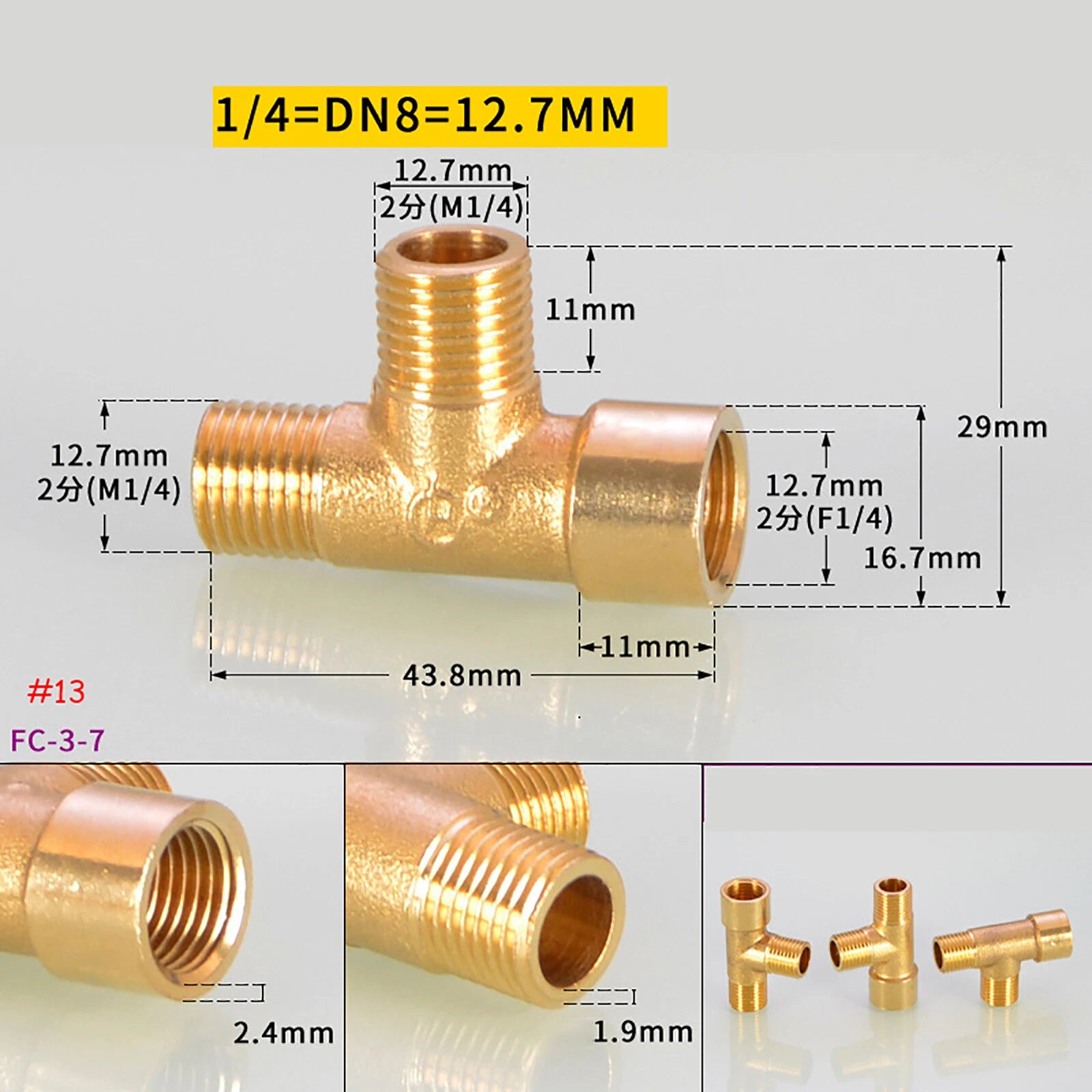 BSP Brass Tee Pipe Fittings — Male & Female Thread Combinations, 1/8" to 3/8"