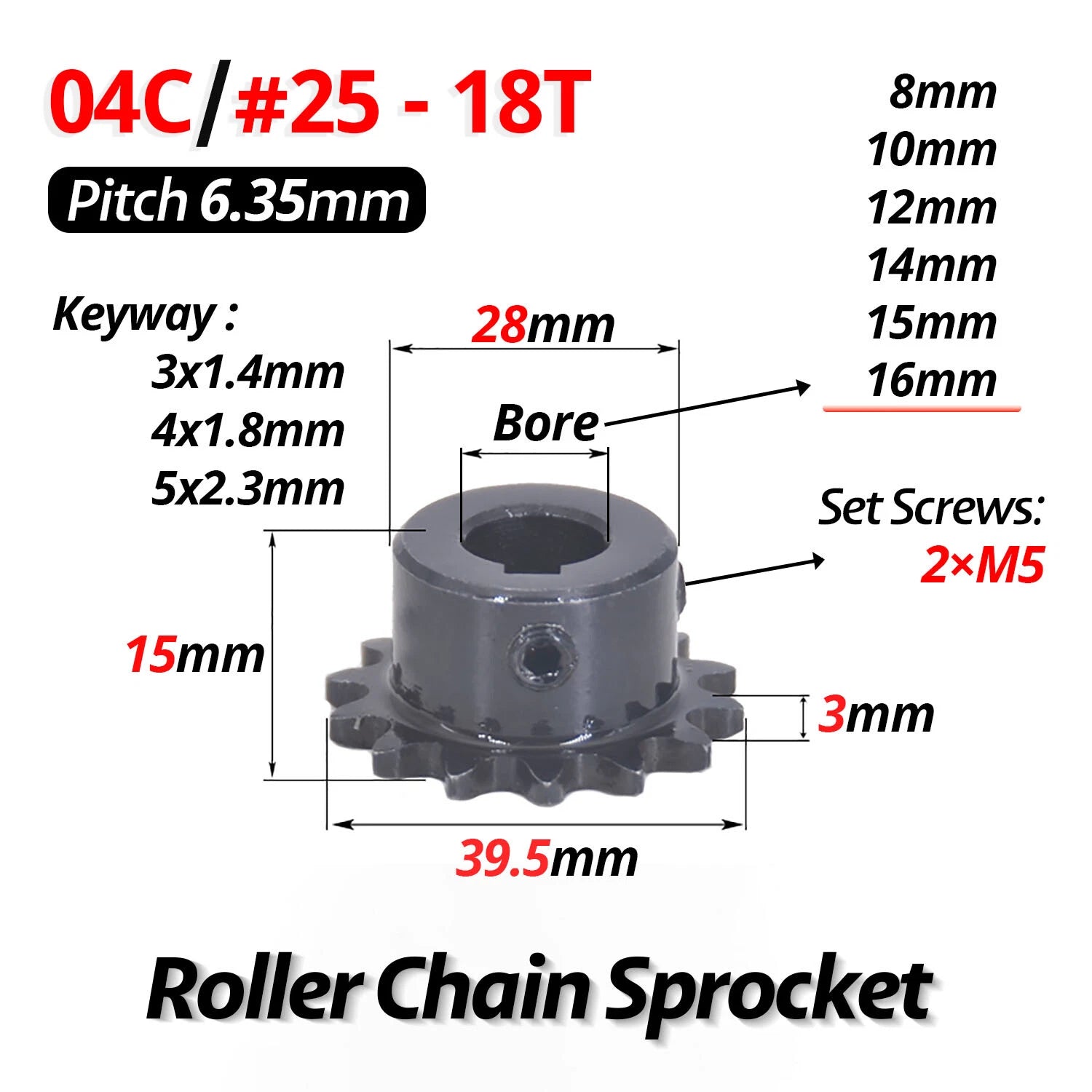 #25 Roller Chain Sprocket With Keyway 04C 13T-40T Tooth Bore 8-30mm Pitch 6.35mm