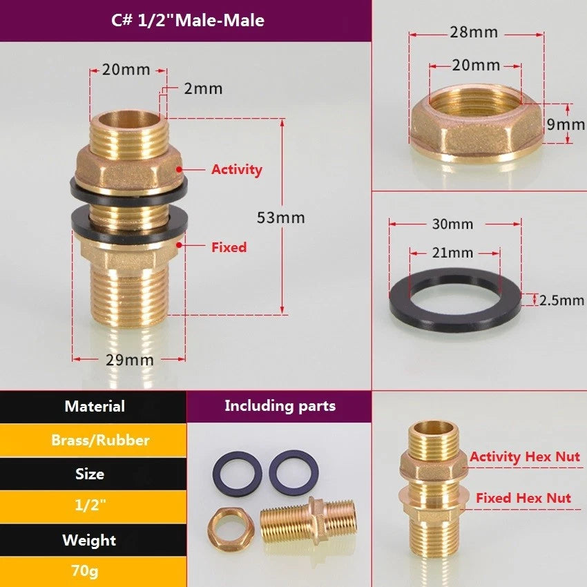 Brass Threaded Water Tank Connector — Male/Female NPT Pipe Fitting for Water Tower & Storage Tank