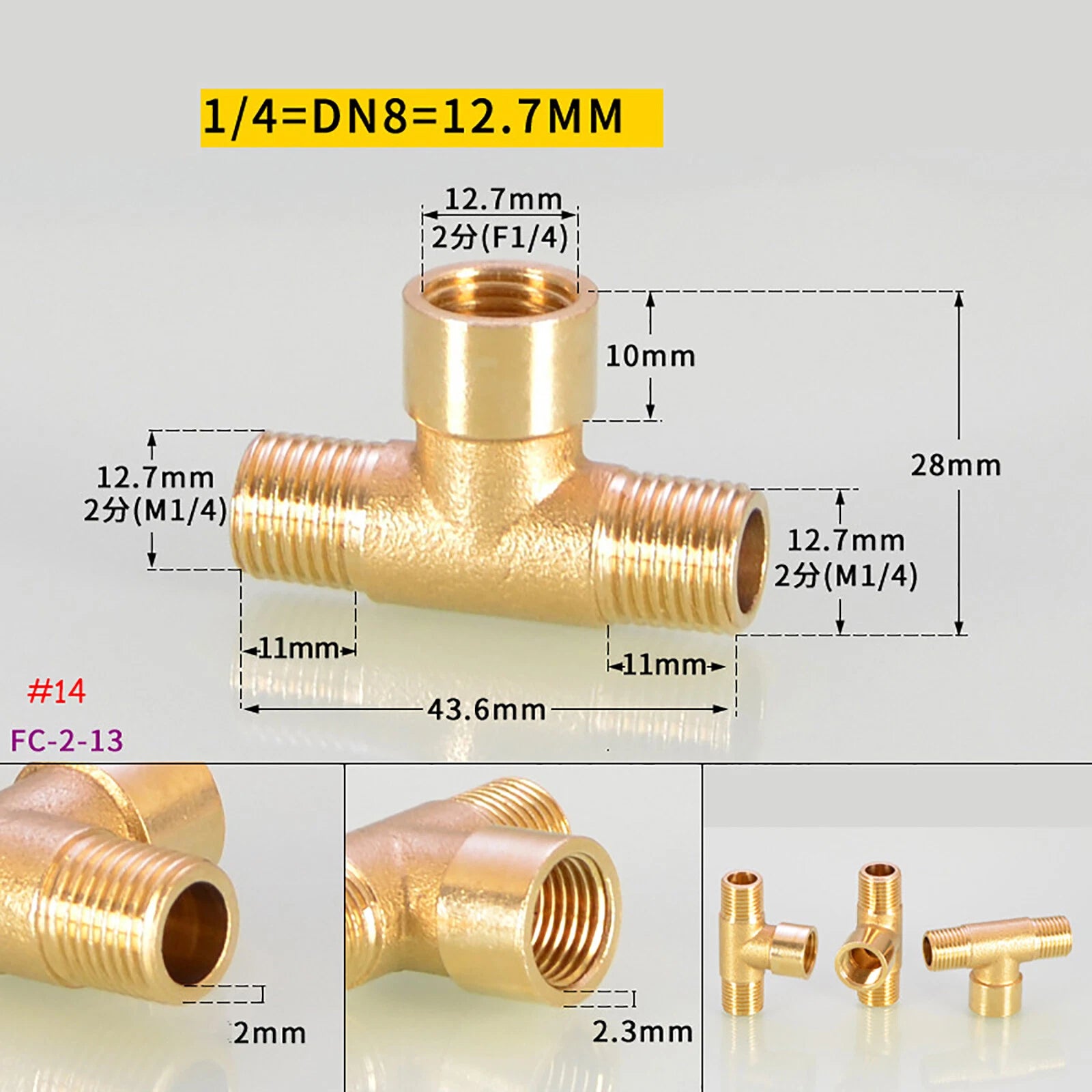 BSP Brass Tee Pipe Fittings — Male & Female Thread Combinations, 1/8" to 3/8"