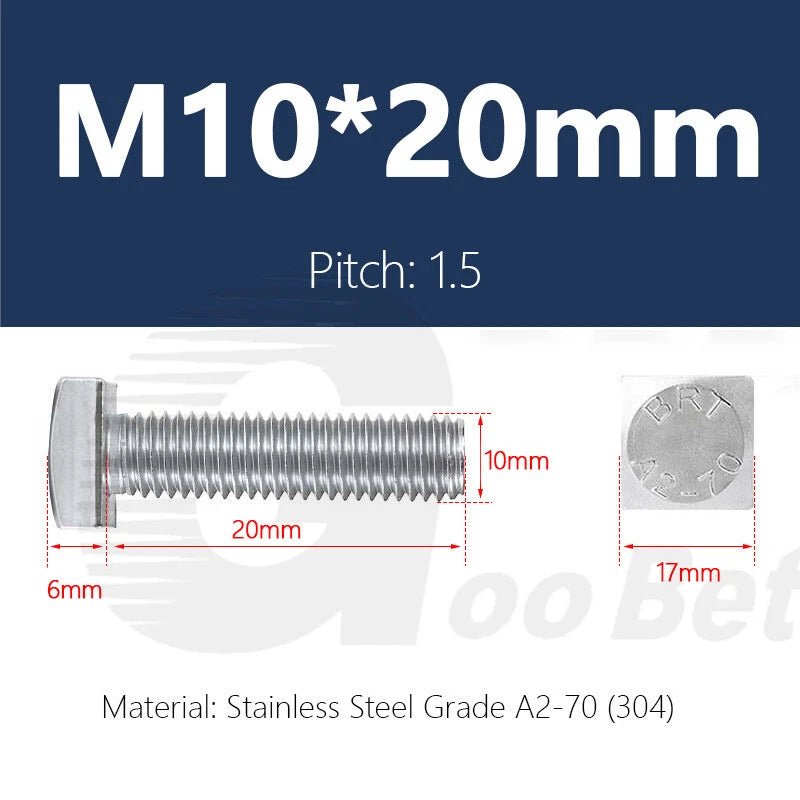 M10 Stainless Steel Square Head Bolts — A2 304, Plain Finish, 16mm to 100mm - HomeDIYer