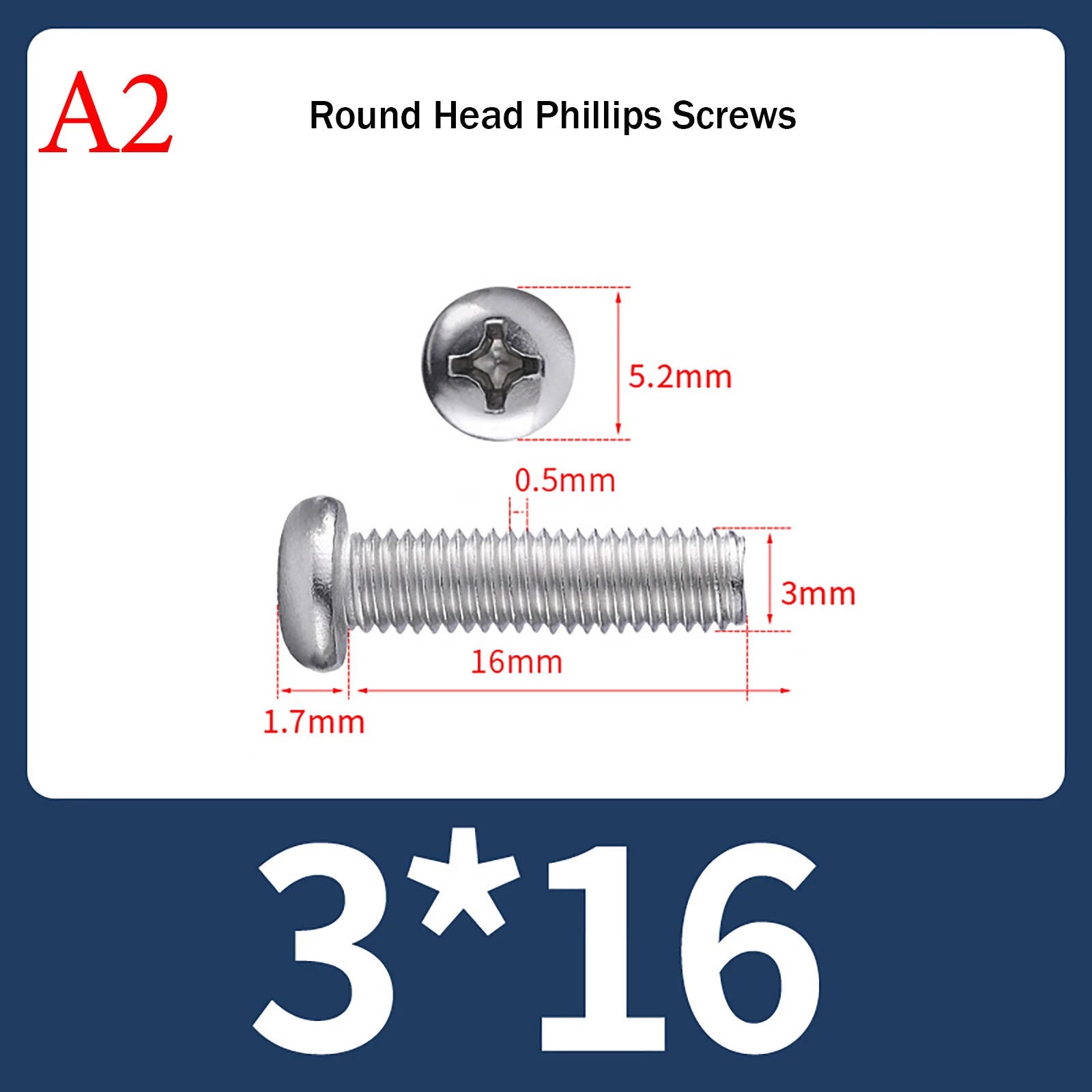 M3 Phillips Pan Head Machine Screws – A2 Stainless Steel, M3×3mm to M3×150mm (Full Length Range)