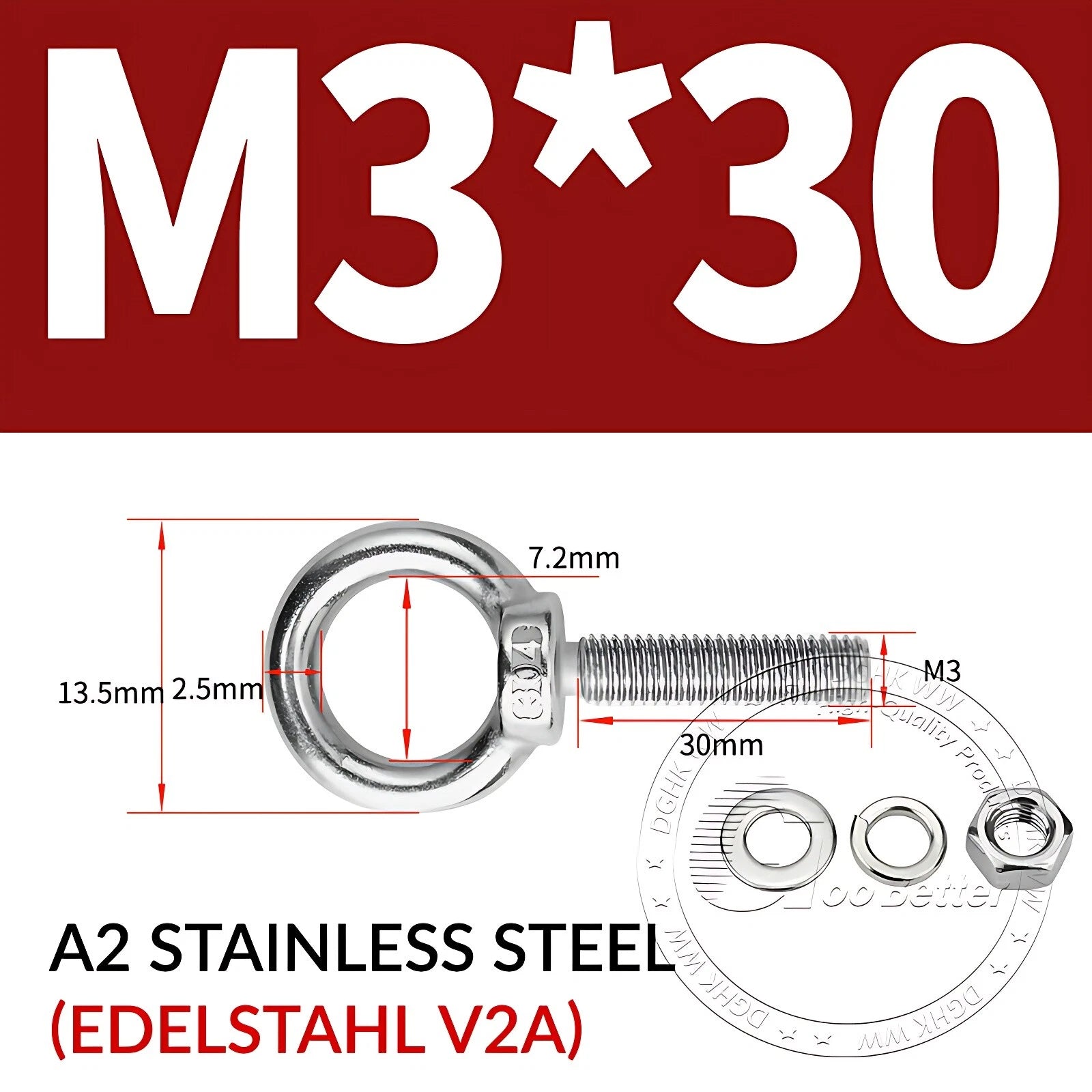 LIFTING EYE BOLTS NUTS & WASHERS A2 STAINLESS STEEL M3 M4 M5 M6 M8 M10 M12 - M30